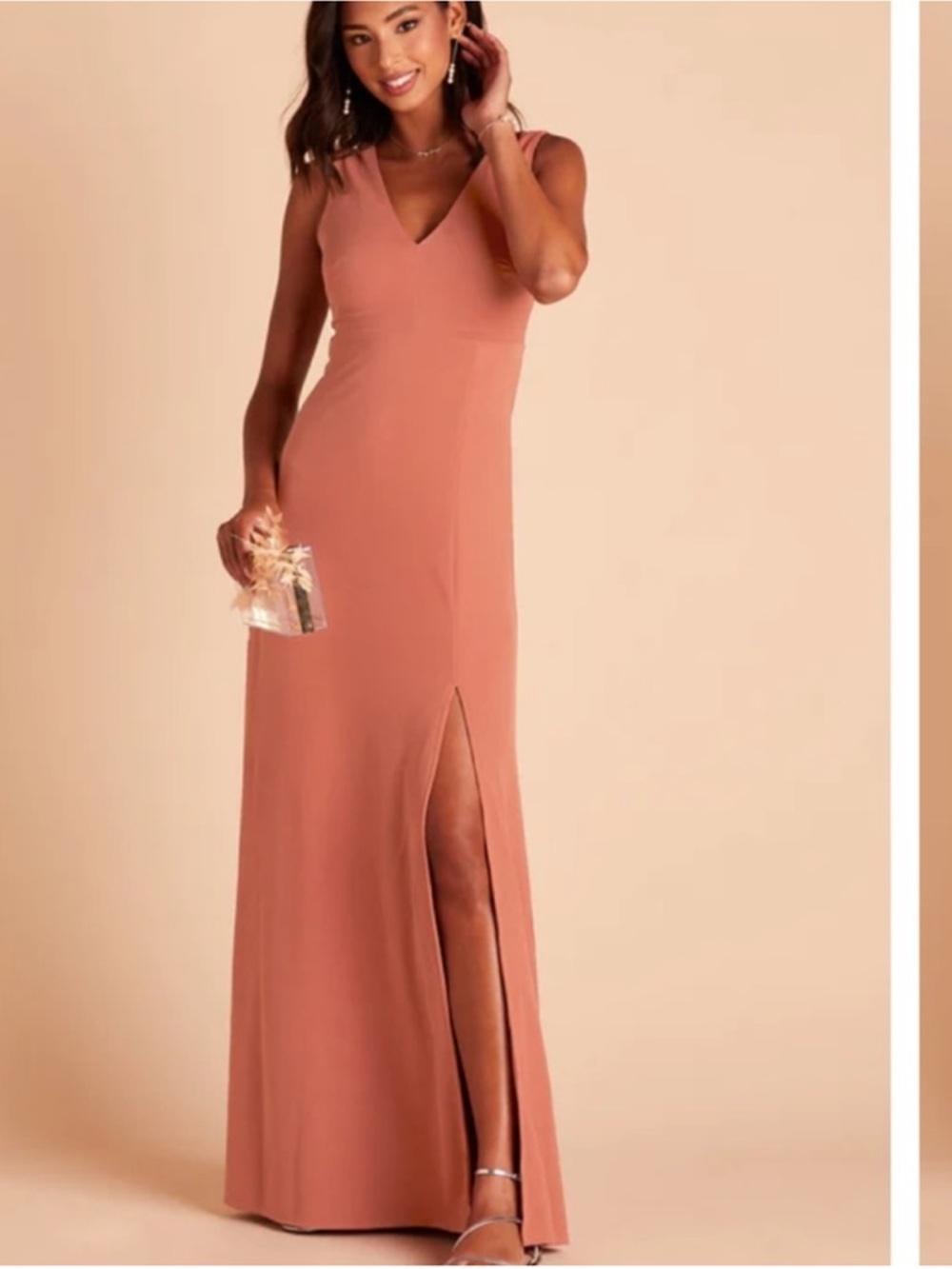 Birdy Gray shamin dress crepe terracotta maxi bridesmaid wedding dress